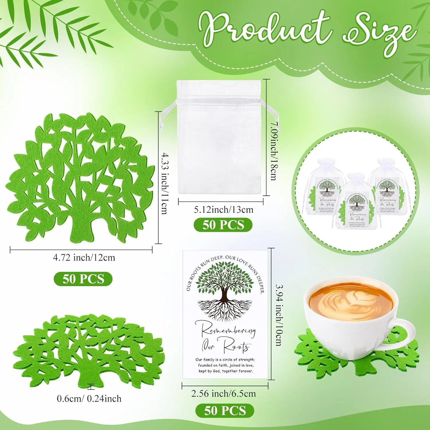 50 Set Coasters Family Reunion Gifts Include Family Tree Felt Coasters with Remembering Our Roots Cards and Gift Bags for Gathering Party Home Souvenir