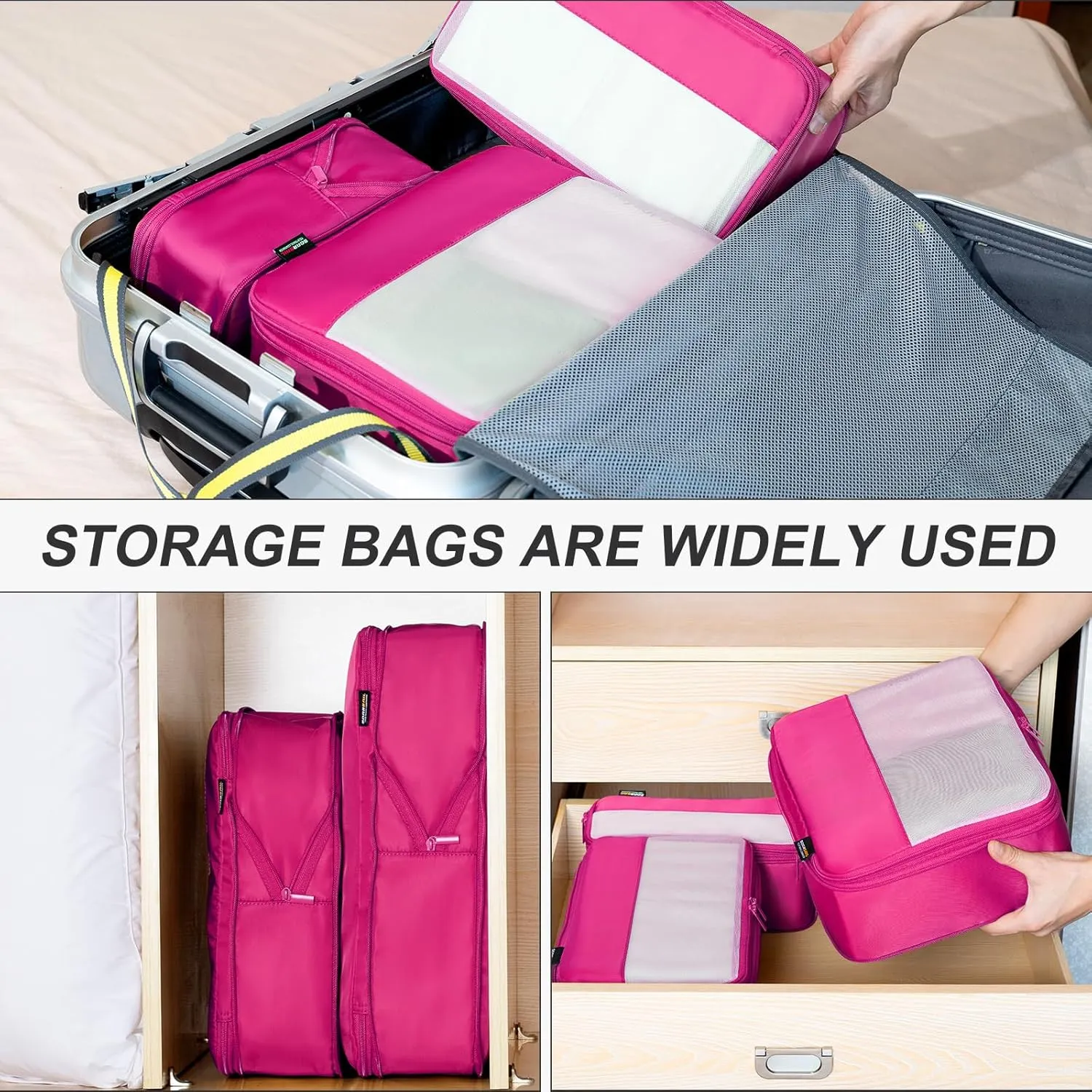 6 Set Compression Packing Cubes for Travel Essentials, Luggage Organizers for Carry on Suitcases, Space Saving Storage Bags (Rose Red)
