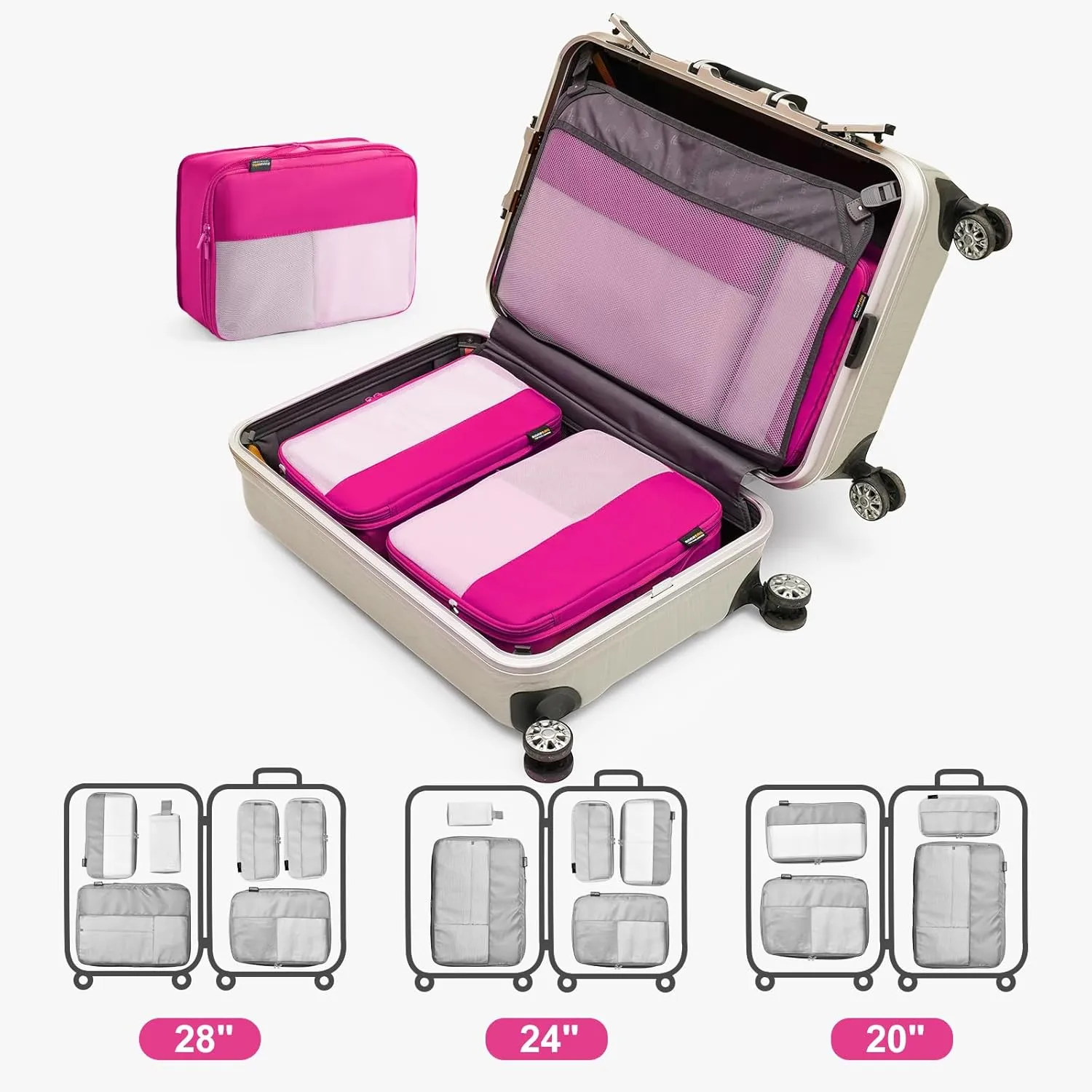 6 Set Compression Packing Cubes for Travel Essentials, Luggage Organizers for Carry on Suitcases, Space Saving Storage Bags (Rose Red)