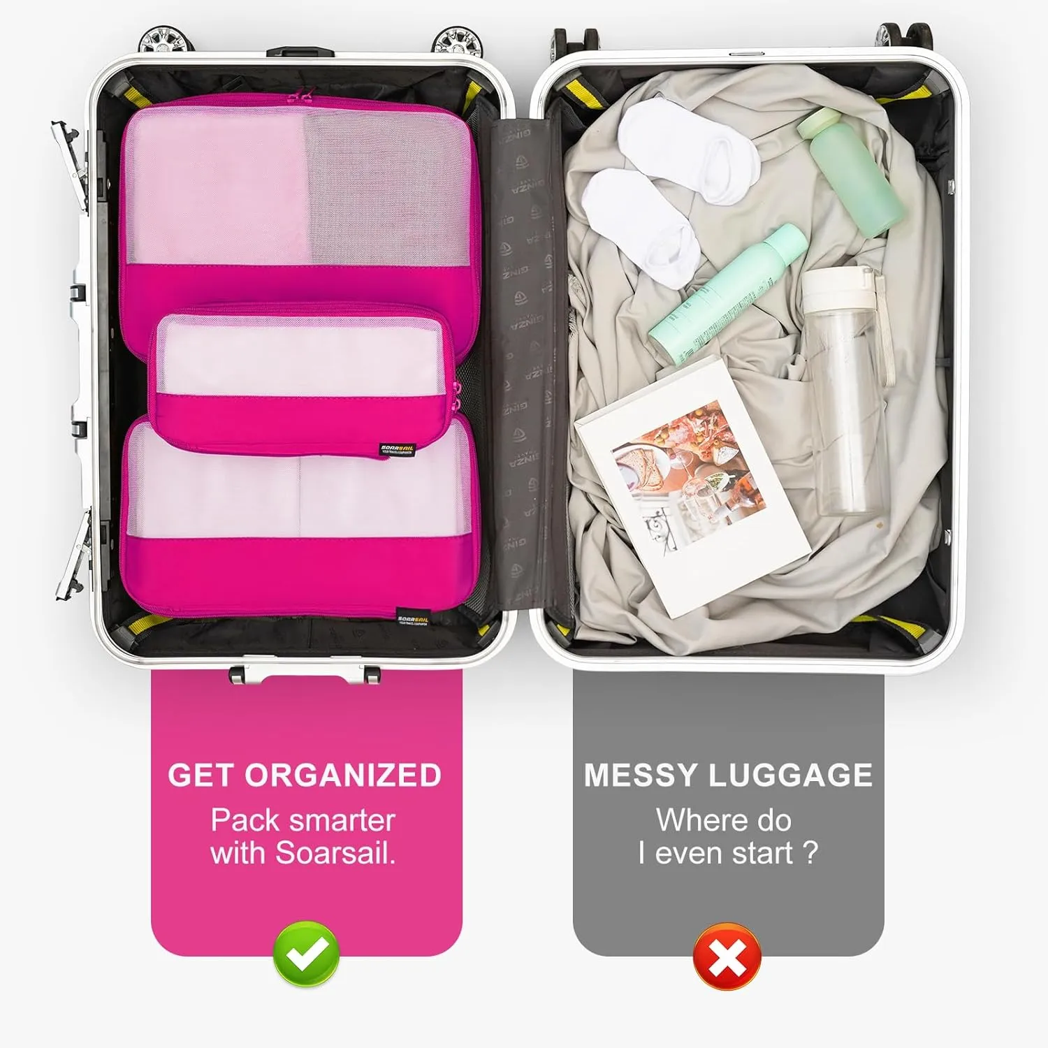 6 Set Compression Packing Cubes for Travel Essentials, Luggage Organizers for Carry on Suitcases, Space Saving Storage Bags (Rose Red)