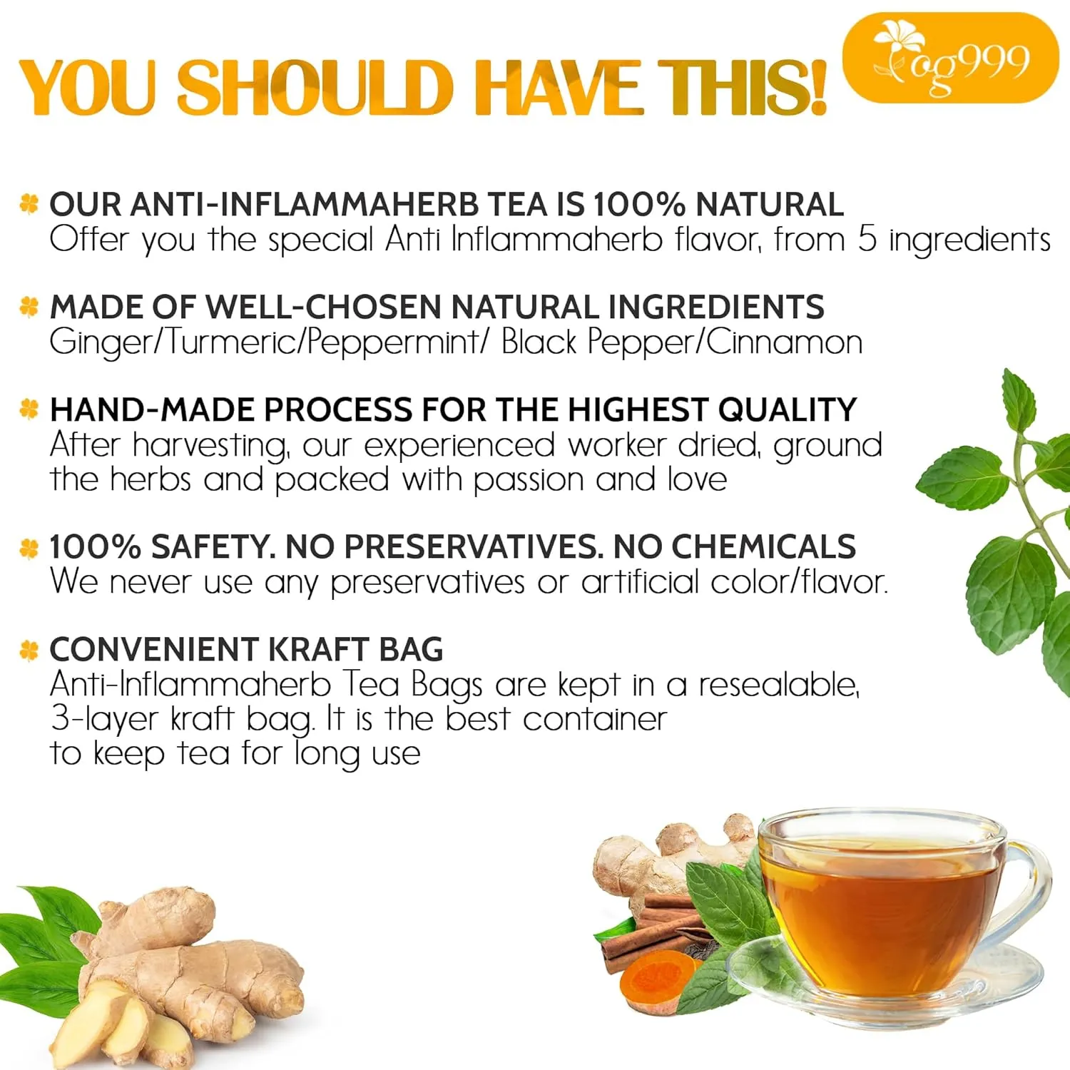 60 Tea Bags - Anti-Inflammaheb Loose Leaf Tea, 100% Natural from Ginger, Turmeric, Peppermint, Black Pepper, Cinnamon. Made with Natural Material Tea Bags. No Sugar, No Caffeine, No Gluten, Vegan. (60 Tea Bags)