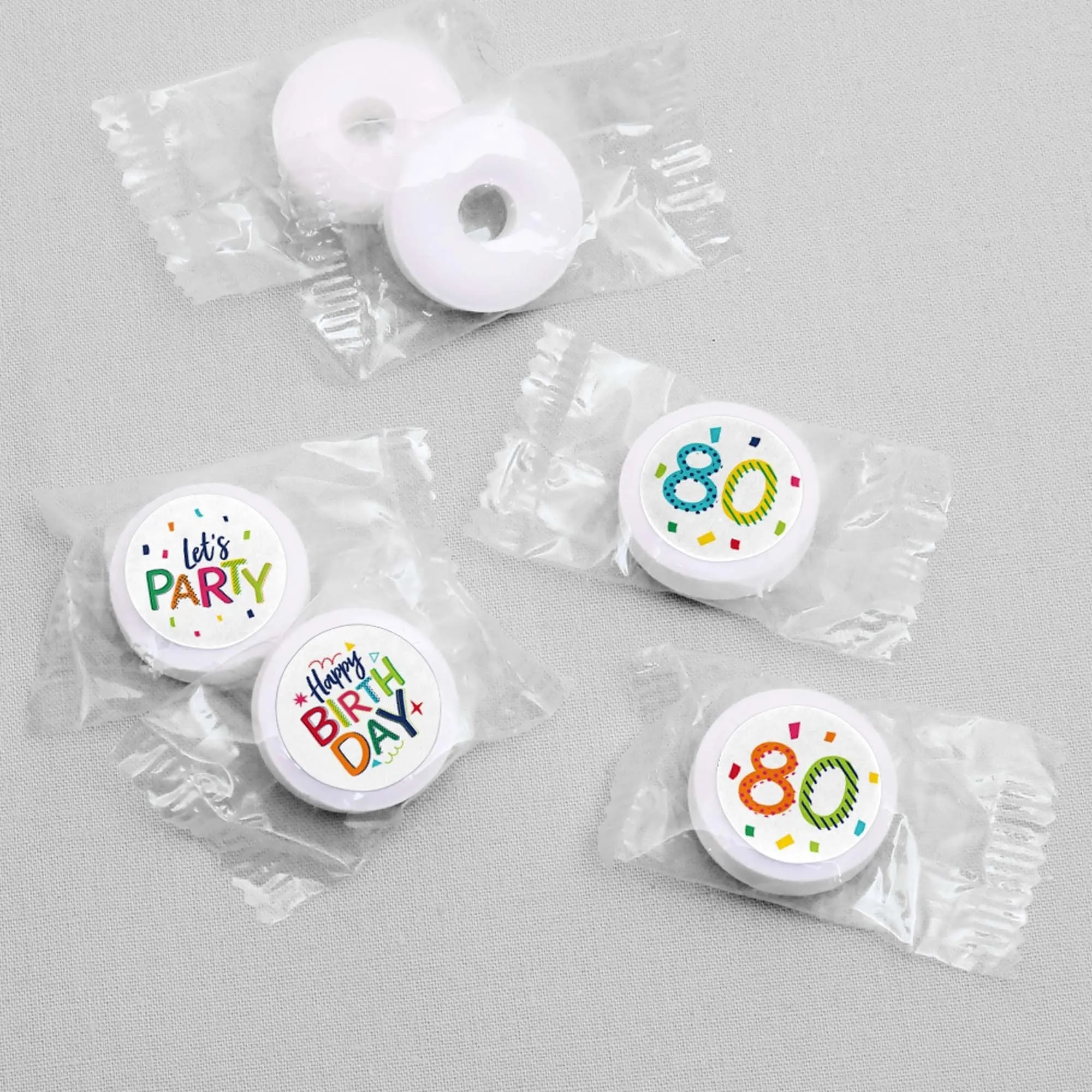 80th Birthday - Cheerful Happy Birthday - Round Candy Labels Colorful Eightieth Birthday Party Favors - Fits Hershey's Kisses - 108 ct