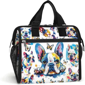 84hoods Insulated Lunch Bag for Women. Gift for Frenchie Lovers. Large Lunch Box for Work Office Travel Picnic with Adjustable Strap. Colorful Ink.