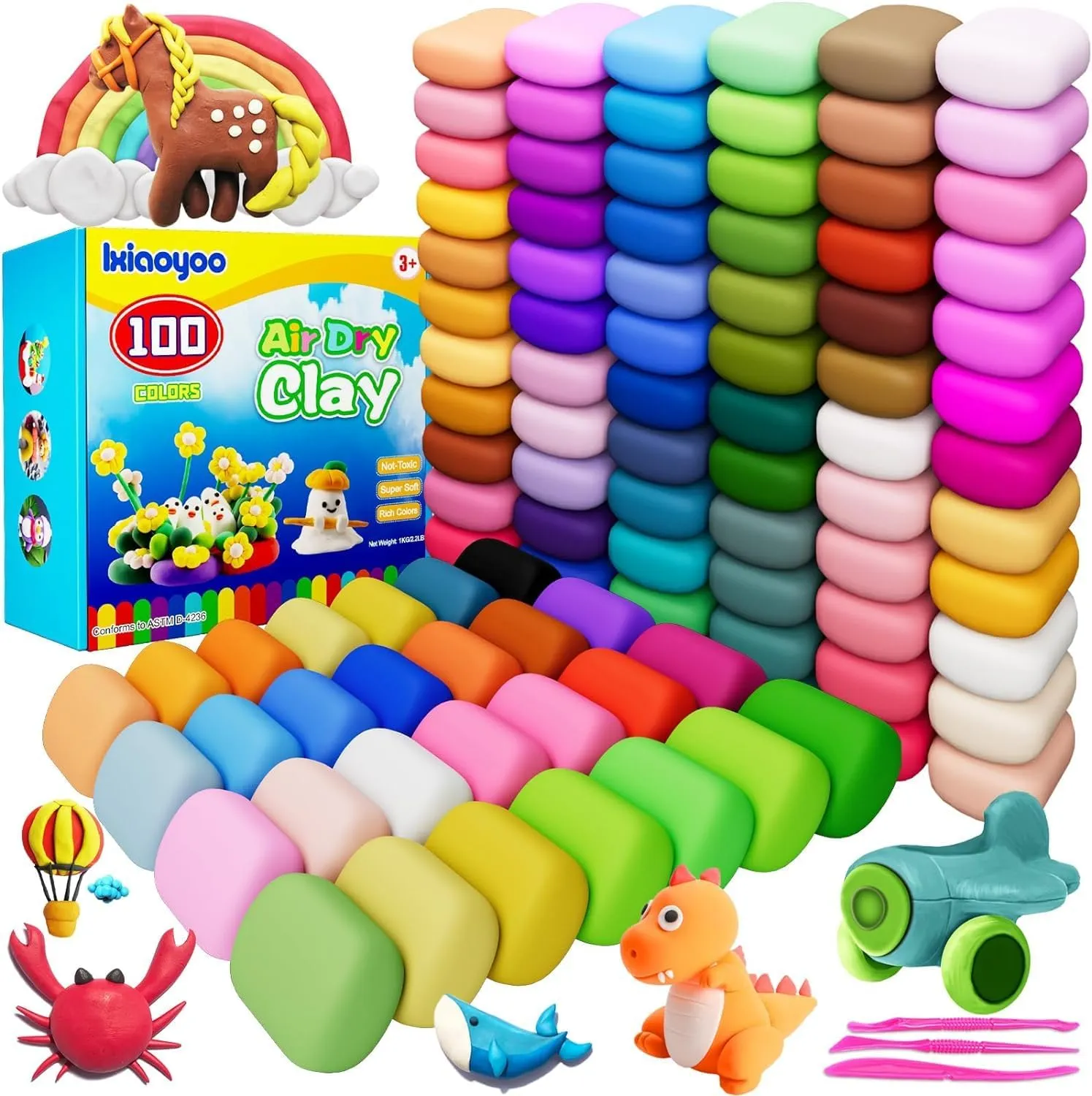 Air Dry Clay, 100 Colors Modelling Clay for Kids, DIY Molding Magic Clay for with Tools, Soft & Non-Sticky, Toys Gifts for Age 3 4 5 6 7 8  Years Old Boys Girls Kids