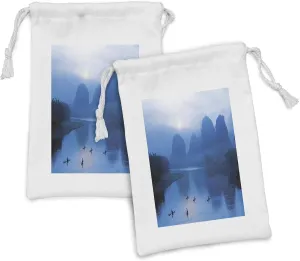 Ambesonne East Fabric Pouch Set of 2, Sunrise with Raft at Yangshuo on Li River Fishing Boat Scenic Misty View Panorama, Small Drawstring Bag for Toiletries Masks and Favors, 9" x 6", Royal Blue Aqua