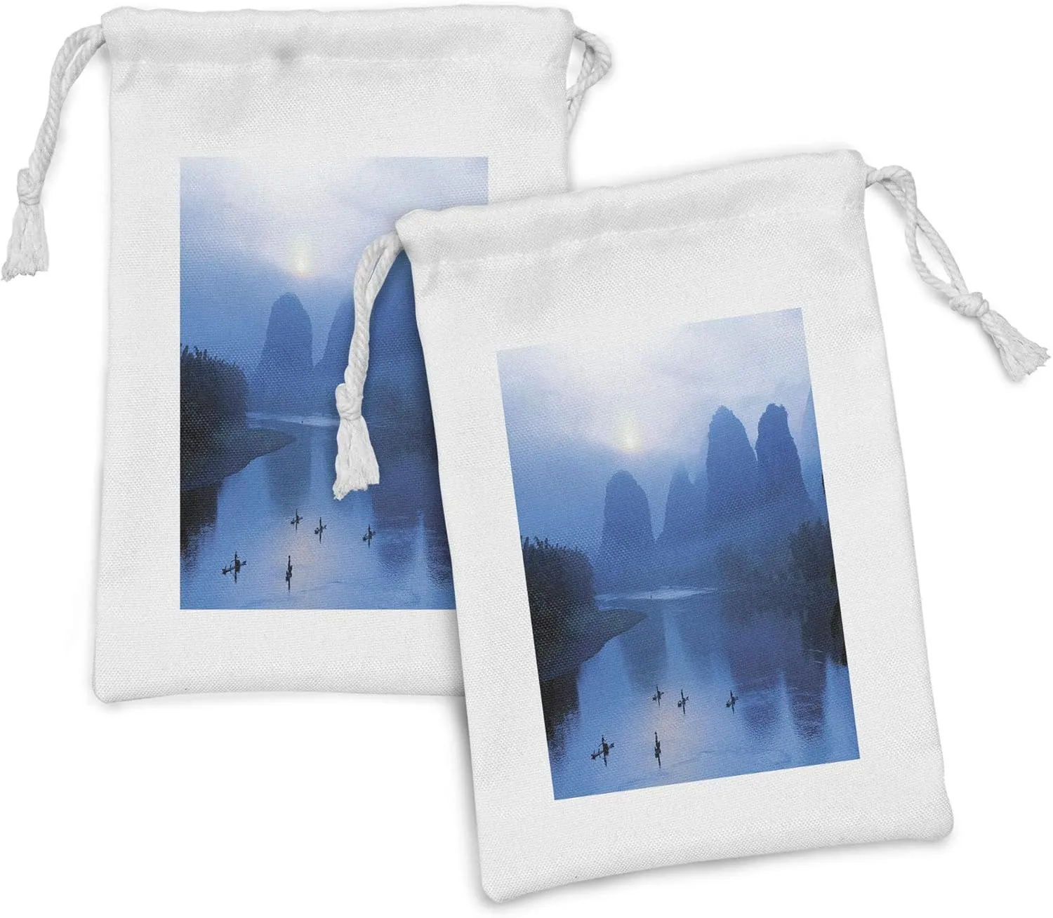 Ambesonne East Fabric Pouch Set of 2, Sunrise with Raft at Yangshuo on Li River Fishing Boat Scenic Misty View Panorama, Small Drawstring Bag for Toiletries Masks and Favors, 9" x 6", Royal Blue Aqua