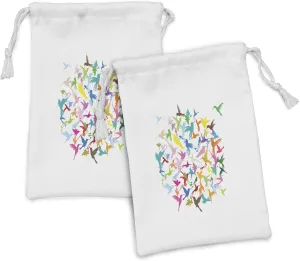 Ambesonne Hummingbird Fabric Pouch Set of 2, Colorful Abstract Circular Composition of Numerous Flying Thin Beak Birds, Small Drawstring Bag for Toiletries Masks and Favors, 9" x 6", White Multicolor