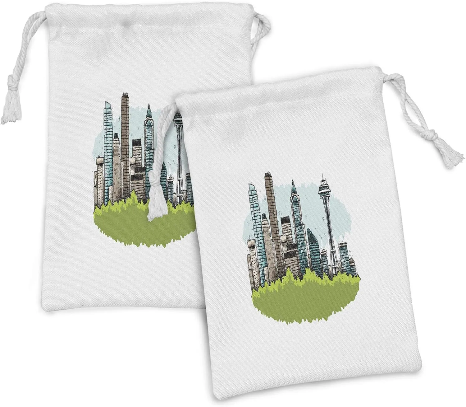 Ambesonne Seattle Skyline Fabric Pouch Set of 2, Cartoon of Downtown of the City of Seattle Sketchy Cityscape Skyscrapers, Small Drawstring Bag for Toiletries Masks and Favors, 9" x 6", Multicolor