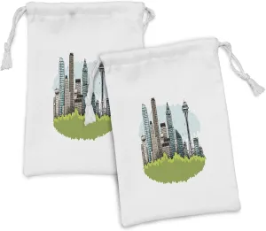 Ambesonne Seattle Skyline Fabric Pouch Set of 2, Cartoon of Downtown of the City of Seattle Sketchy Cityscape Skyscrapers, Small Drawstring Bag for Toiletries Masks and Favors, 9" x 6", Multicolor