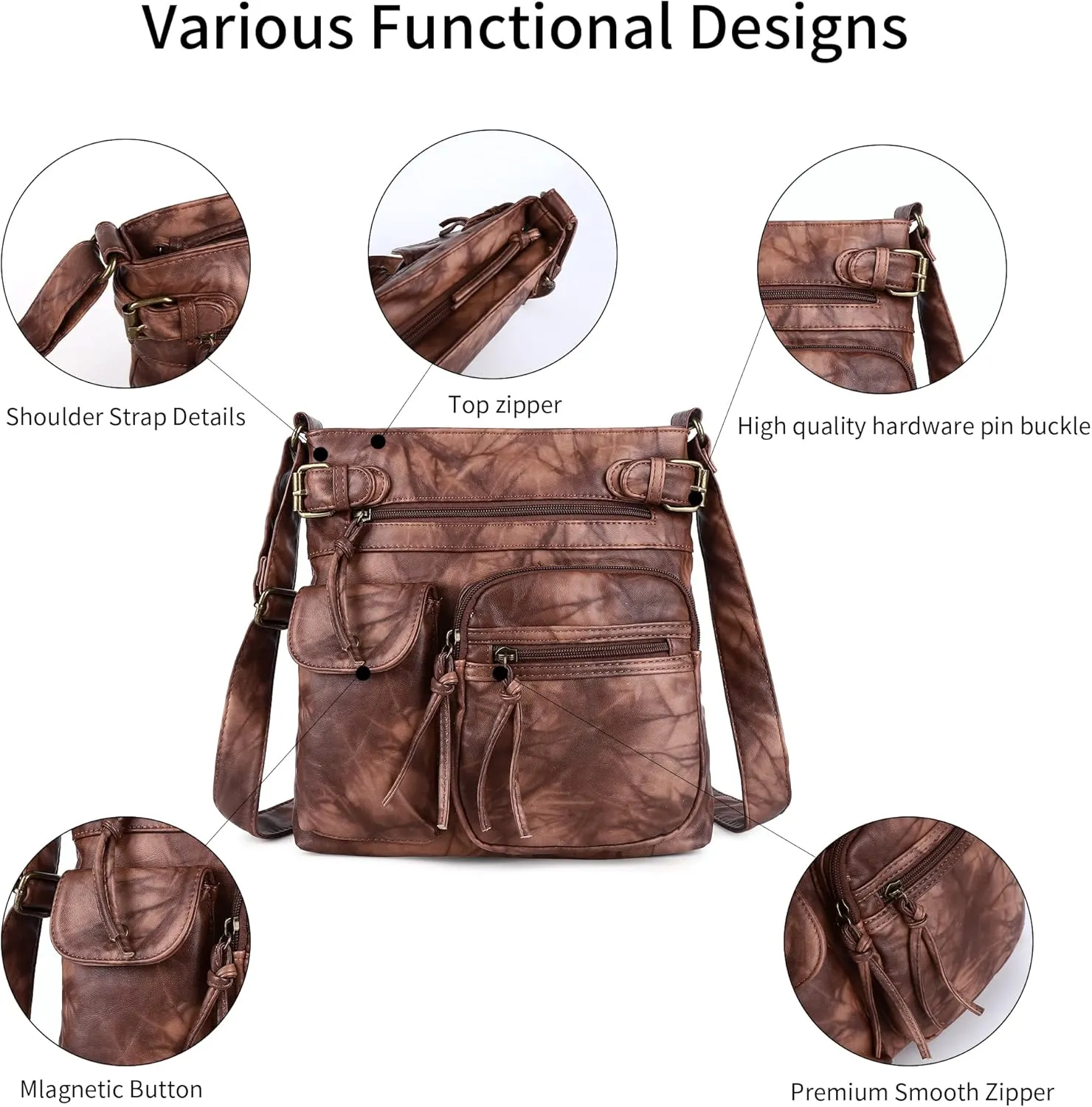 Angel Kiss Crossbody Bags for Women Washed Leather Shoulder Bags Multi Pocket Soft Hobo Purses and Medium Handbags