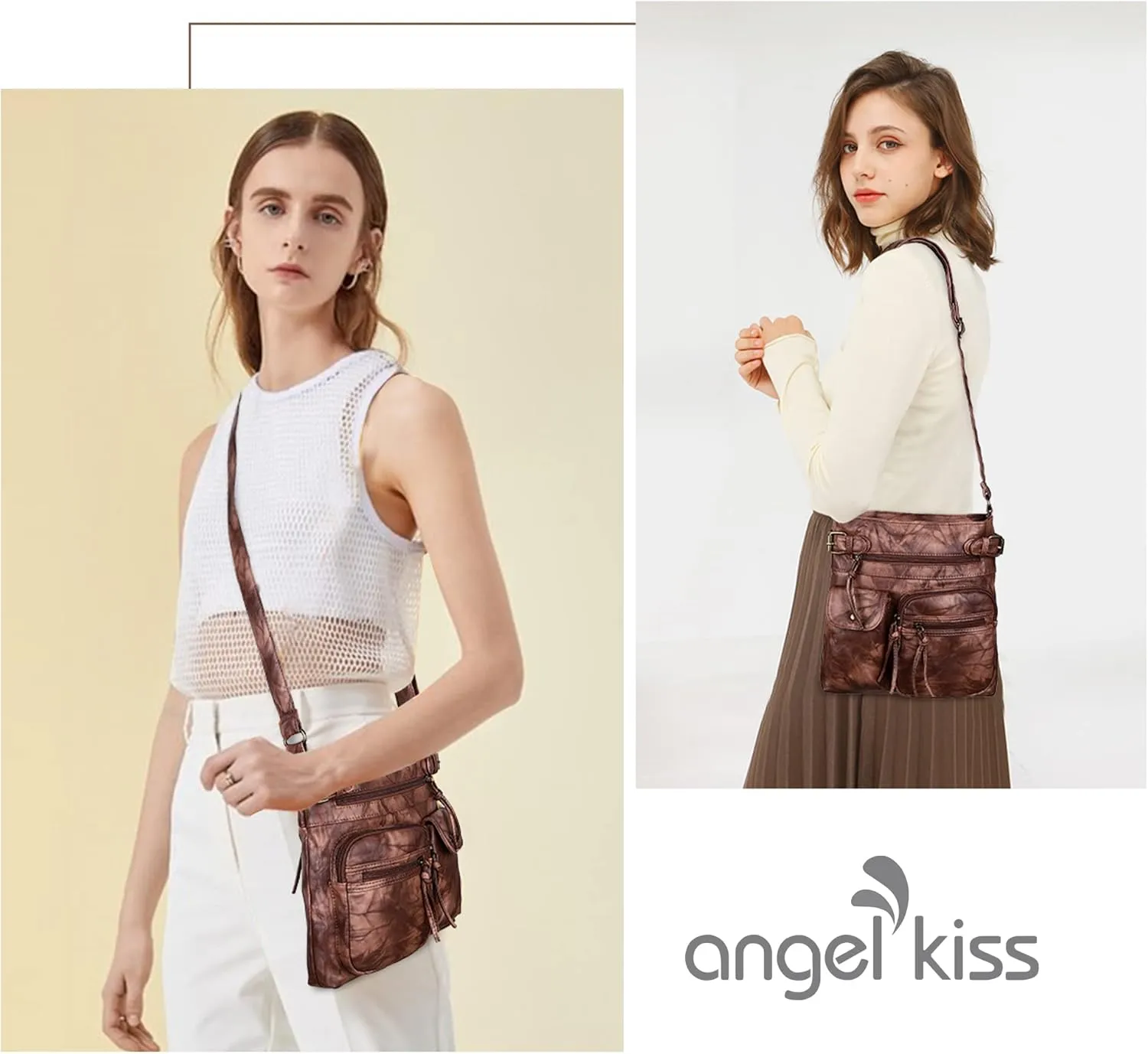 Angel Kiss Crossbody Bags for Women Washed Leather Shoulder Bags Multi Pocket Soft Hobo Purses and Medium Handbags
