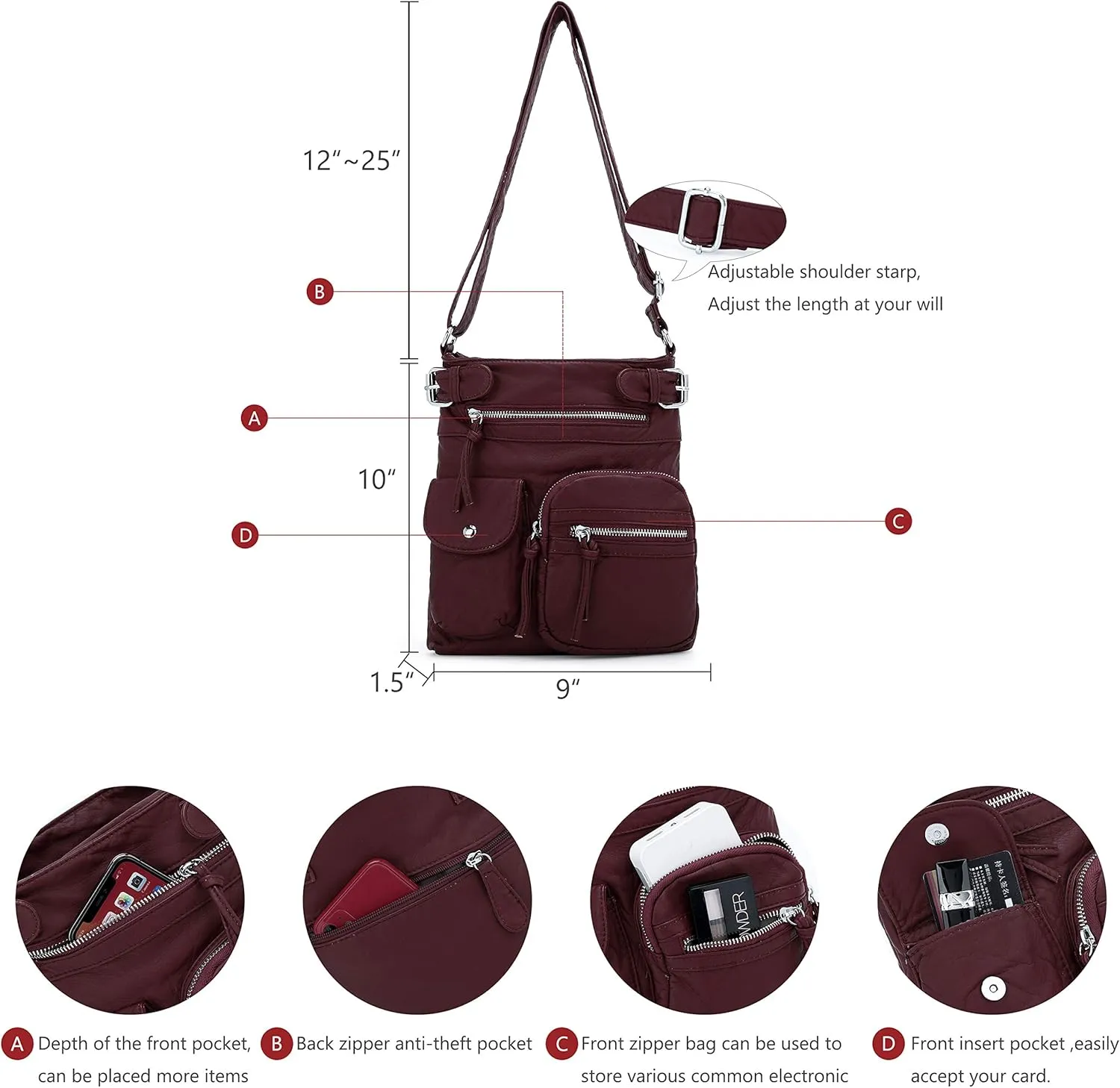 Angel Kiss Crossbody Bags for Women Washed Leather Shoulder Bags Multi Pocket Soft Hobo Purses and Medium Handbags