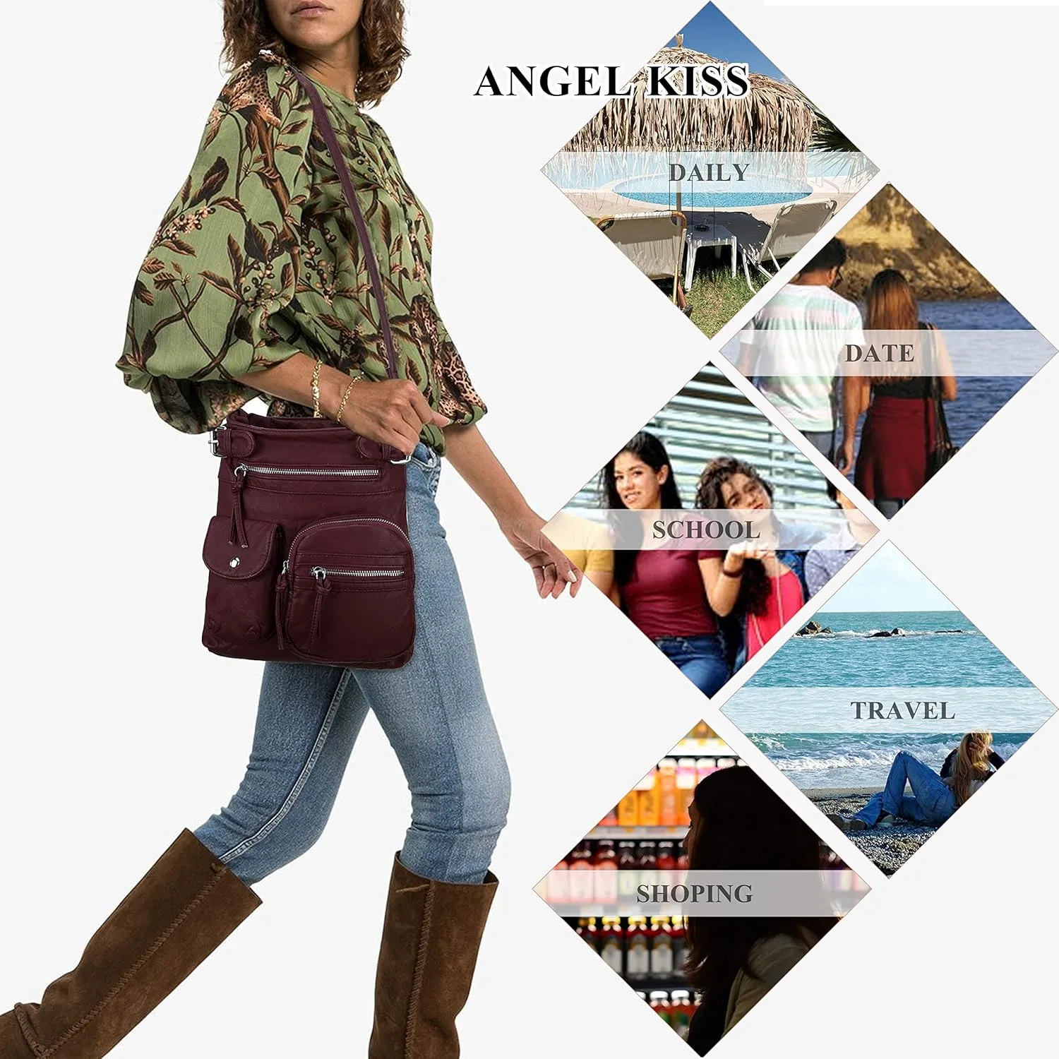 Angel Kiss Crossbody Bags for Women Washed Leather Shoulder Bags Multi Pocket Soft Hobo Purses and Medium Handbags