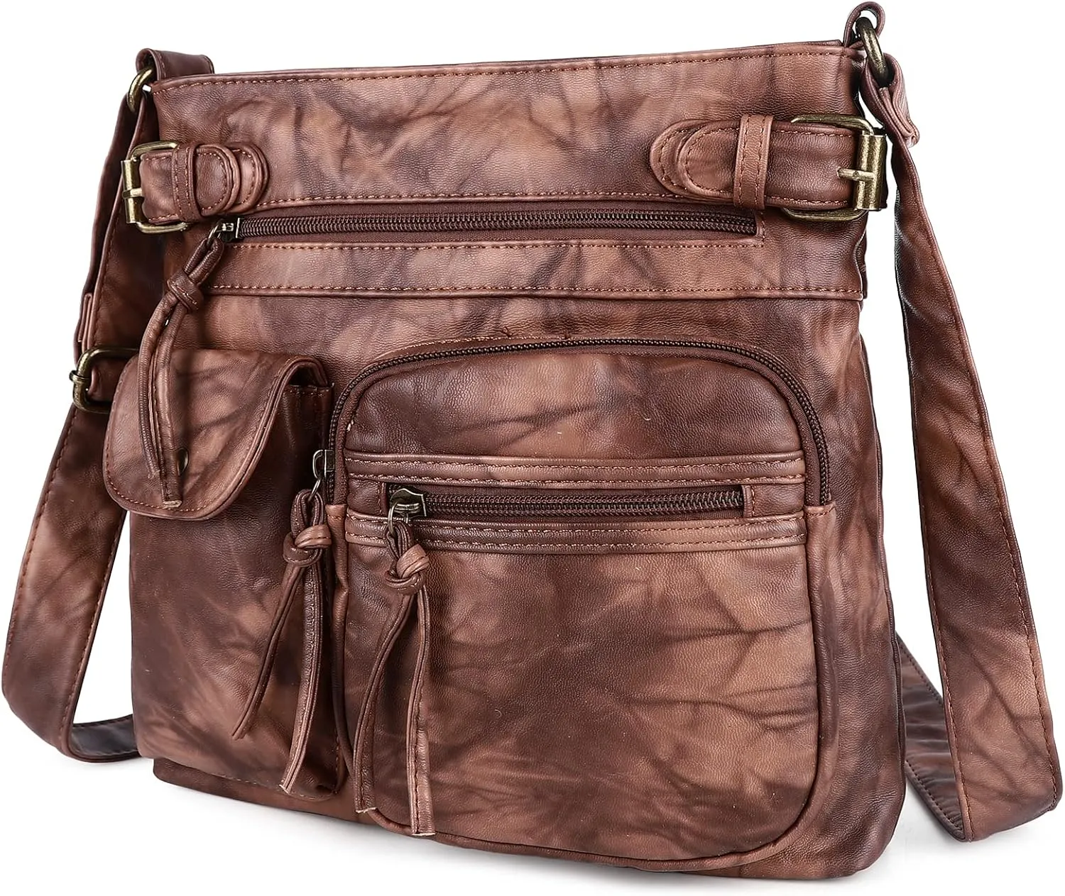 Angel Kiss Crossbody Bags for Women Washed Leather Shoulder Bags Multi Pocket Soft Hobo Purses and Medium Handbags