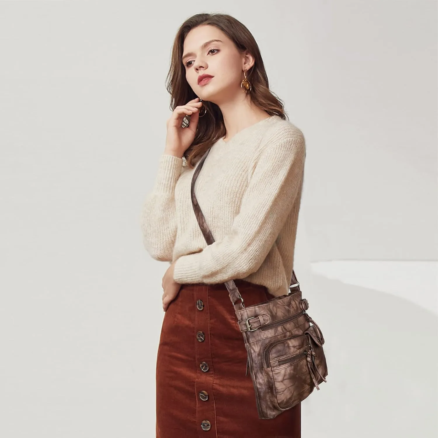 Angel Kiss Crossbody Bags for Women Washed Leather Shoulder Bags Multi Pocket Soft Hobo Purses and Medium Handbags