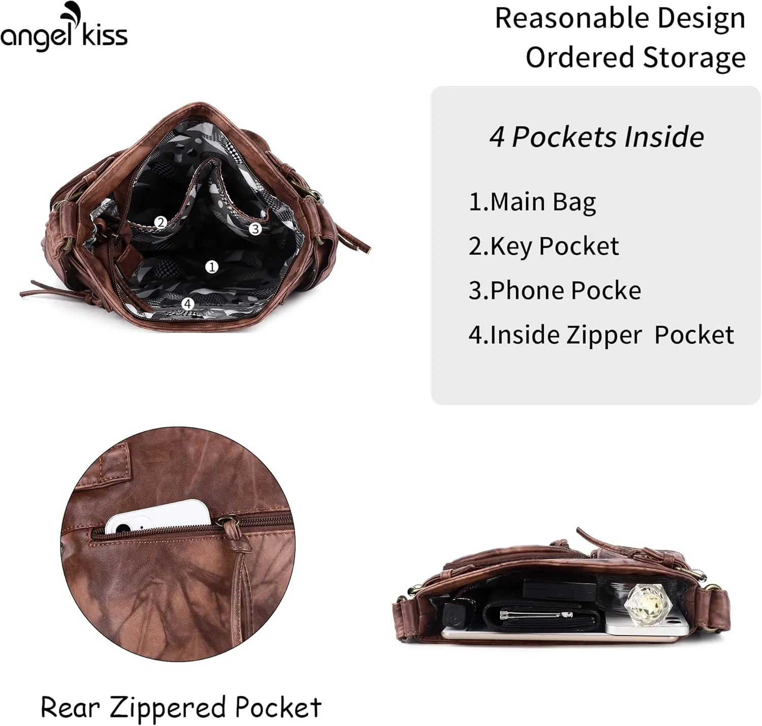 Angel Kiss Crossbody Bags for Women Washed Leather Shoulder Bags Multi Pocket Soft Hobo Purses and Medium Handbags