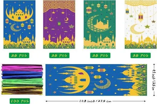 AZISEN【100 Pcs】Eid al Adha Goodie Bags Eid Mubarak Gift Bags, Ramadan Kareem Eid Mubarak Decorations for Home Ramadan Corban Gift Treat Cellophane Candy Bags for Islamic Muslim Party Favor Supplies