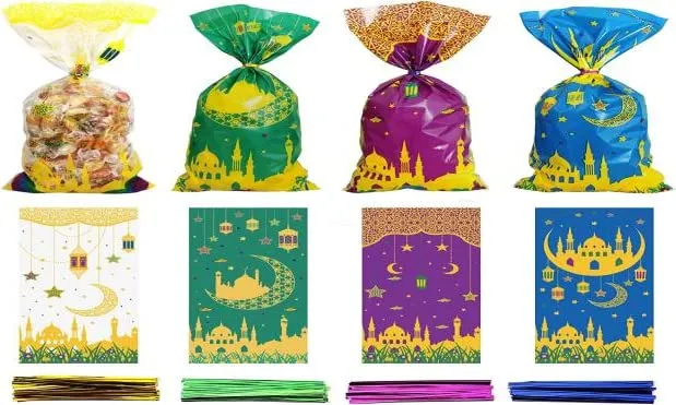AZISEN【100 Pcs】Eid al Adha Goodie Bags Eid Mubarak Gift Bags, Ramadan Kareem Eid Mubarak Decorations for Home Ramadan Corban Gift Treat Cellophane Candy Bags for Islamic Muslim Party Favor Supplies
