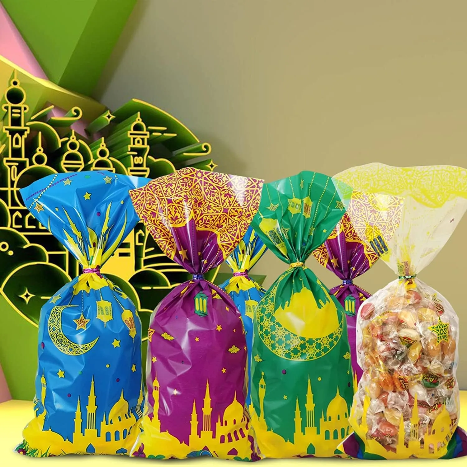 AZISEN【100 Pcs】Eid al Adha Goodie Bags Eid Mubarak Gift Bags, Ramadan Kareem Eid Mubarak Decorations for Home Ramadan Corban Gift Treat Cellophane Candy Bags for Islamic Muslim Party Favor Supplies