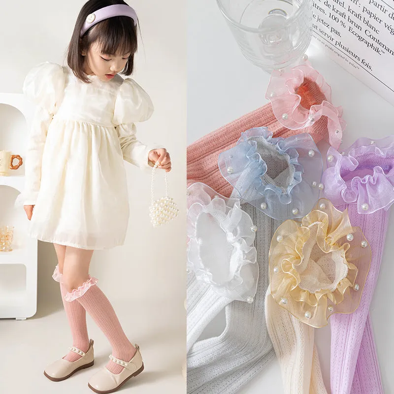 Baby princess pearl lace socks college style calf socks children pile socks