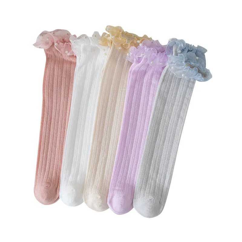 Baby princess pearl lace socks college style calf socks children pile socks