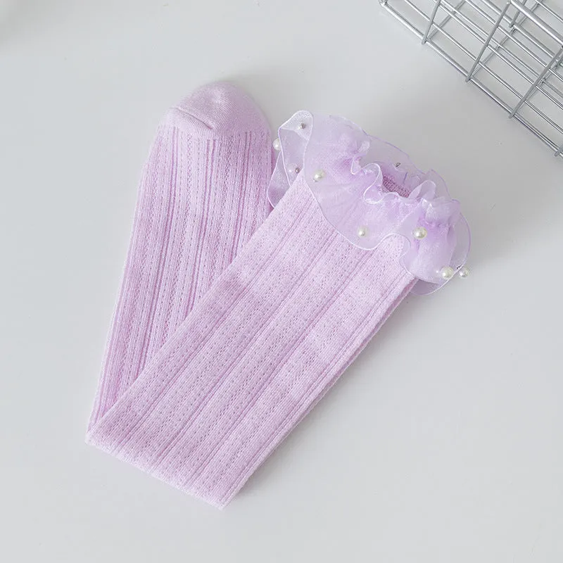 Baby princess pearl lace socks college style calf socks children pile socks