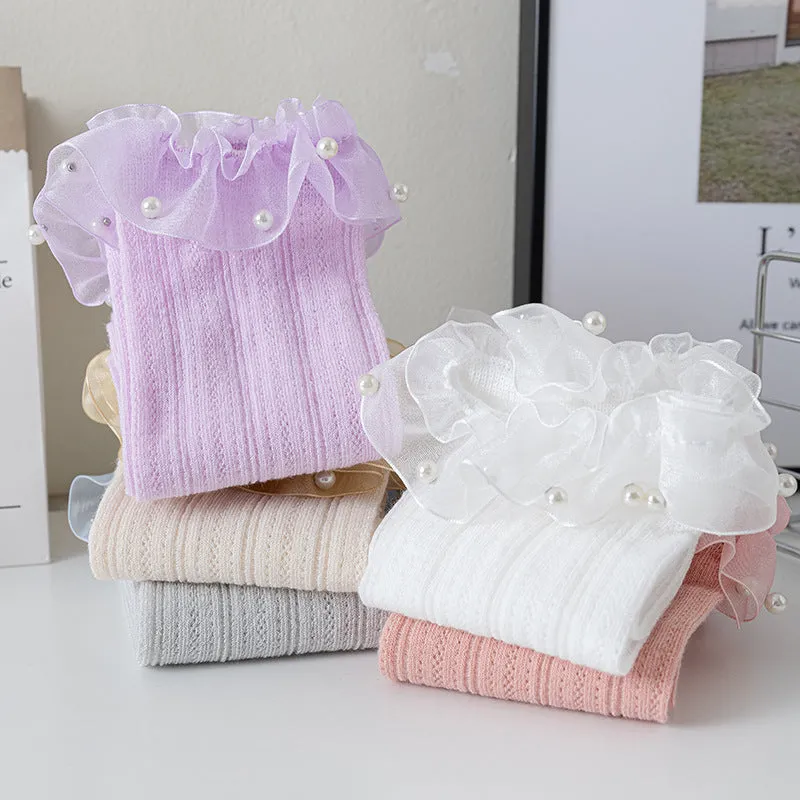 Baby princess pearl lace socks college style calf socks children pile socks