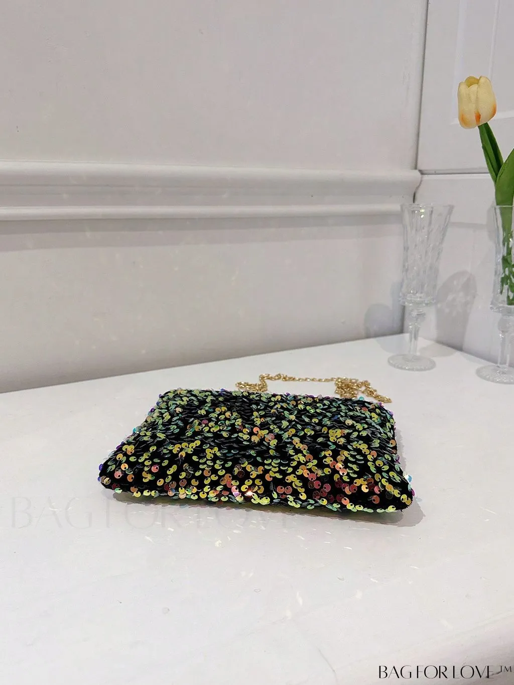 BagForLove - Chic Sequin Chain Zipper Square Bag - Small and Glamorous