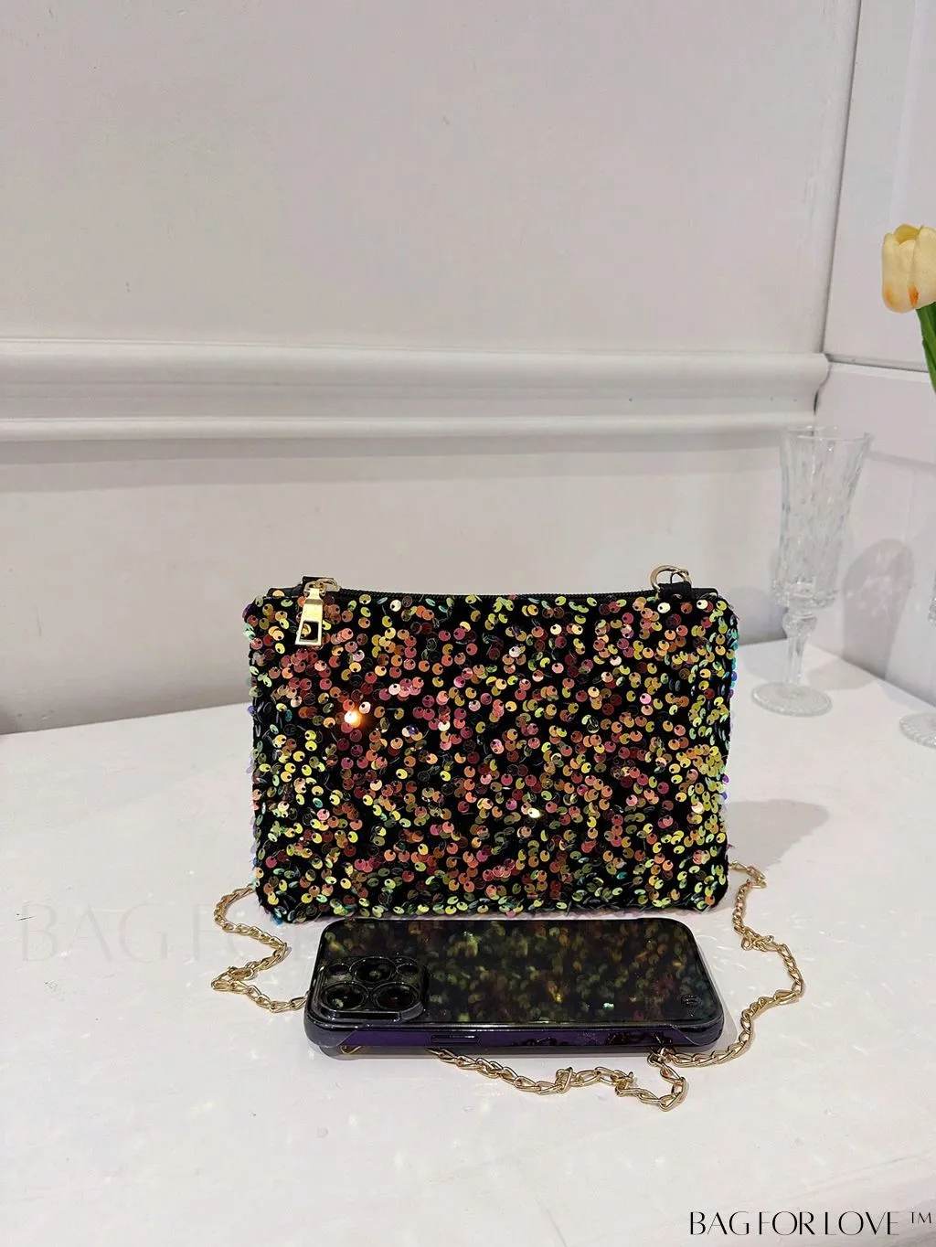 BagForLove - Chic Sequin Chain Zipper Square Bag - Small and Glamorous