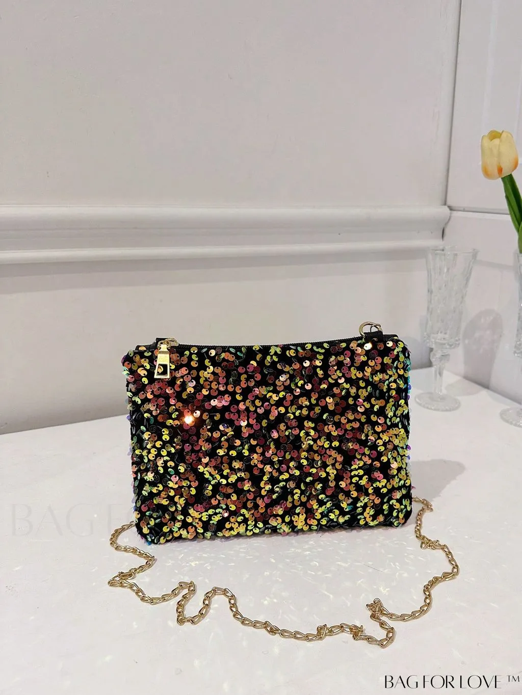 BagForLove - Chic Sequin Chain Zipper Square Bag - Small and Glamorous