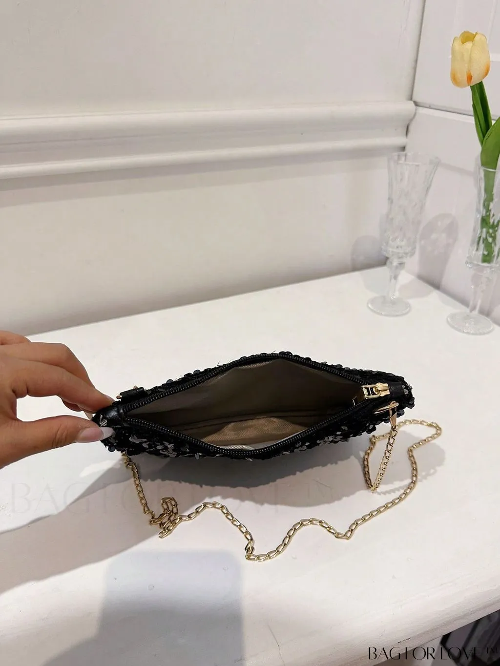 BagForLove - Chic Sequin Chain Zipper Square Bag - Small and Glamorous