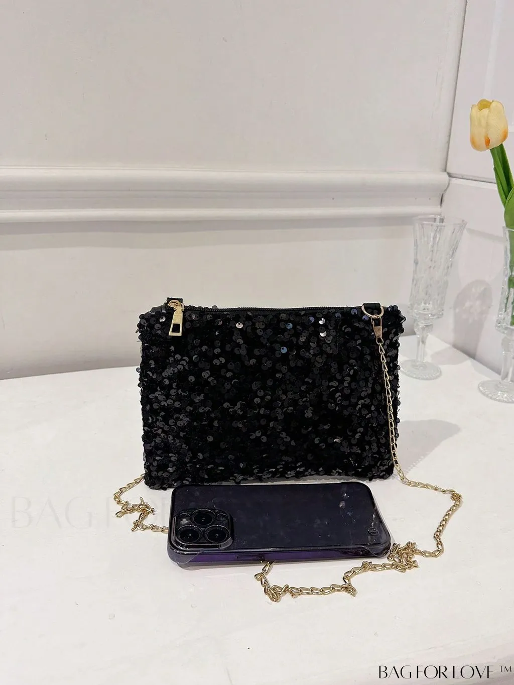 BagForLove - Chic Sequin Chain Zipper Square Bag - Small and Glamorous