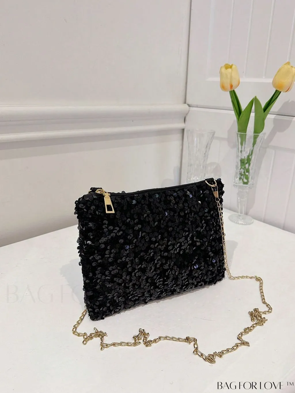 BagForLove - Chic Sequin Chain Zipper Square Bag - Small and Glamorous