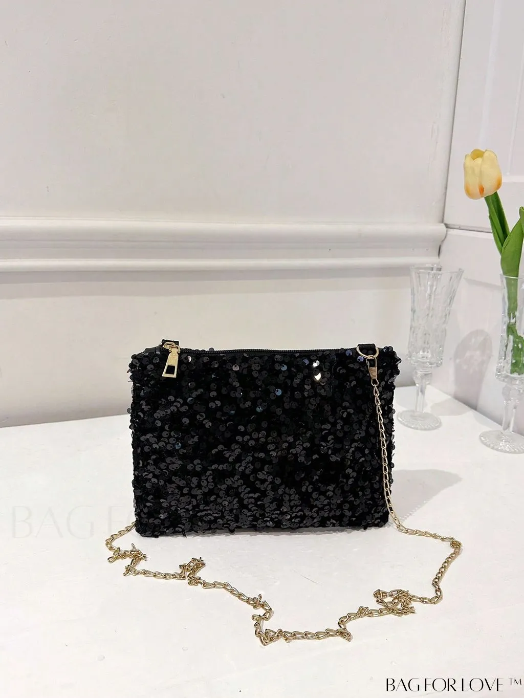 BagForLove - Chic Sequin Chain Zipper Square Bag - Small and Glamorous