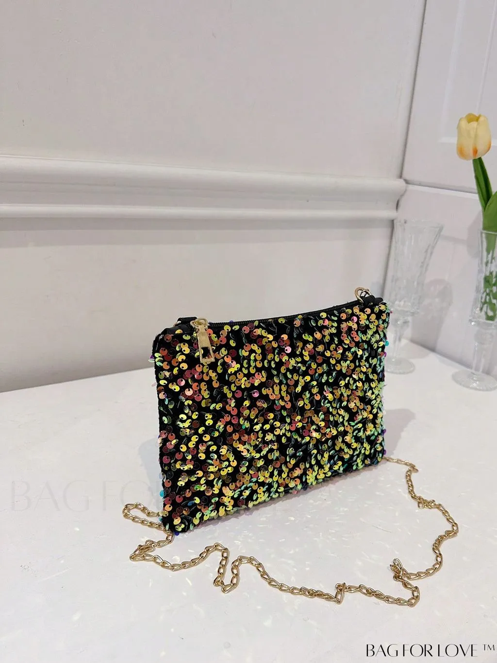 BagForLove - Chic Sequin Chain Zipper Square Bag - Small and Glamorous
