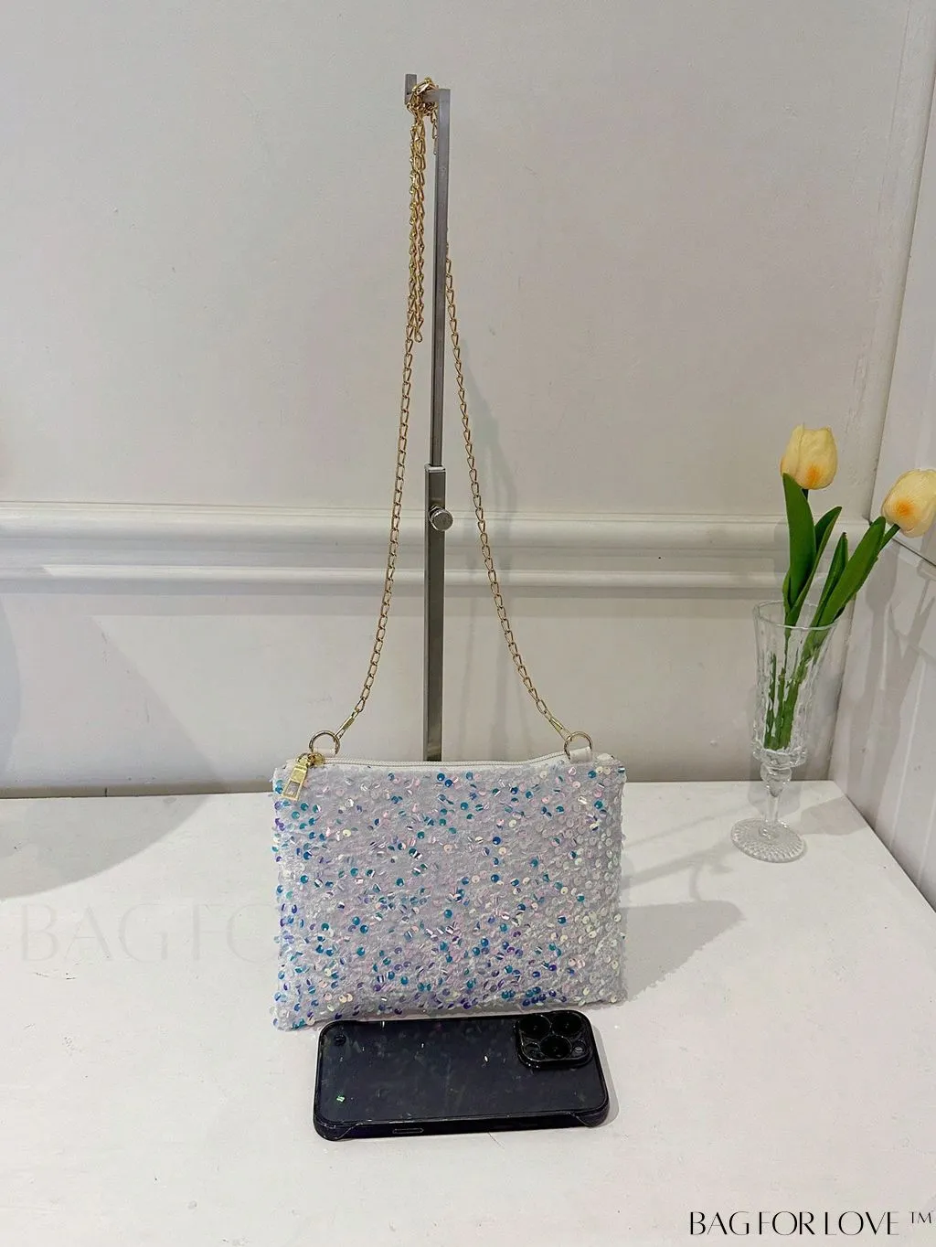 BagForLove - Chic Sequin Chain Zipper Square Bag - Small and Glamorous
