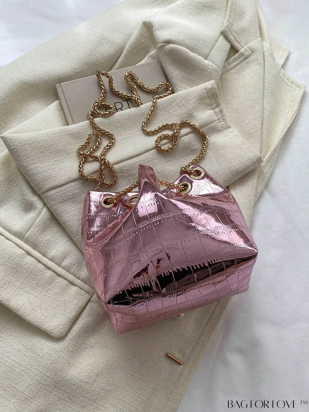 BagForLove - Compact Crocodile Embossed Metallic Drawstring Bucket Bag - Edgy & Chic