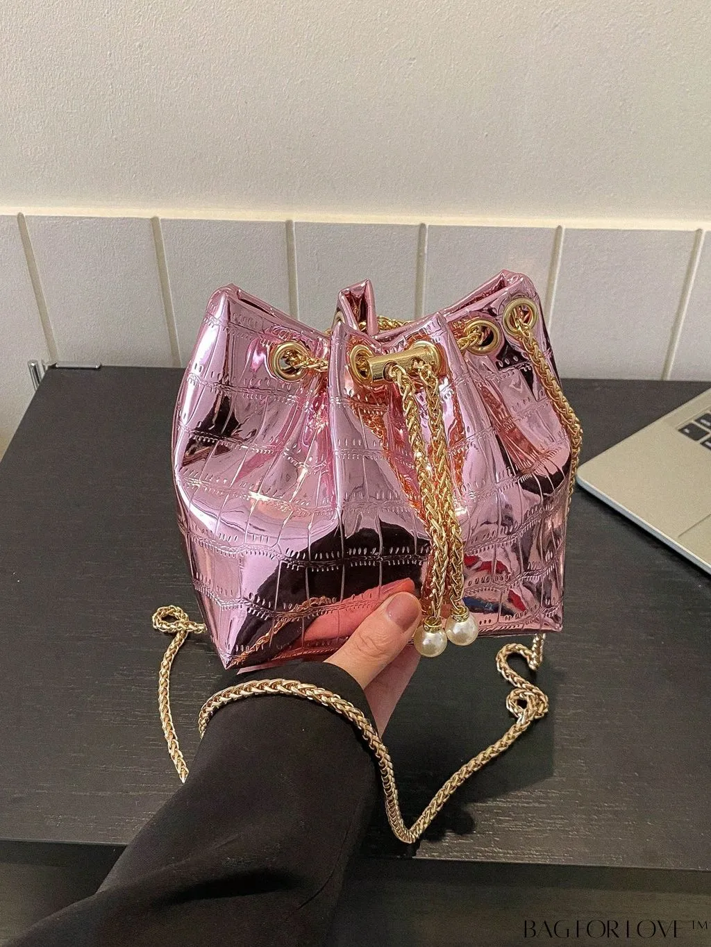 BagForLove - Compact Crocodile Embossed Metallic Drawstring Bucket Bag - Edgy & Chic