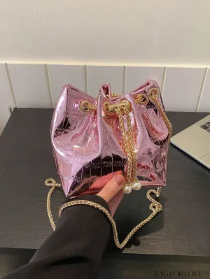 BagForLove - Compact Crocodile Embossed Metallic Drawstring Bucket Bag - Edgy & Chic