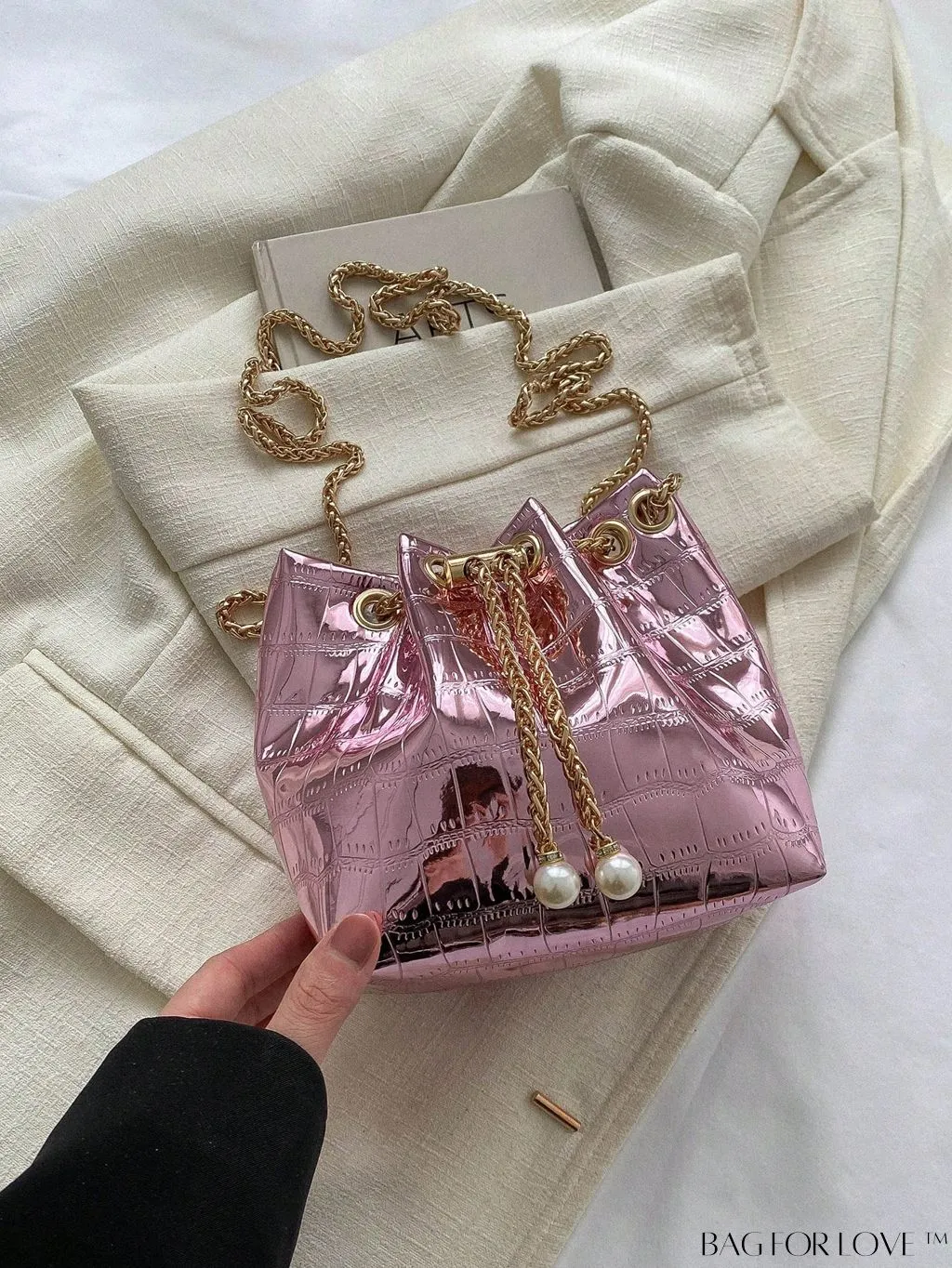 BagForLove - Compact Crocodile Embossed Metallic Drawstring Bucket Bag - Edgy & Chic