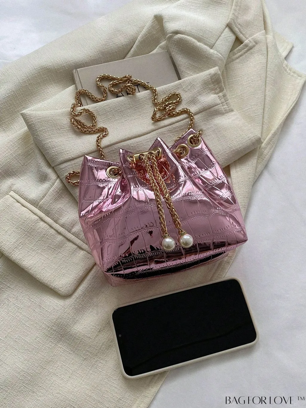 BagForLove - Compact Crocodile Embossed Metallic Drawstring Bucket Bag - Edgy & Chic