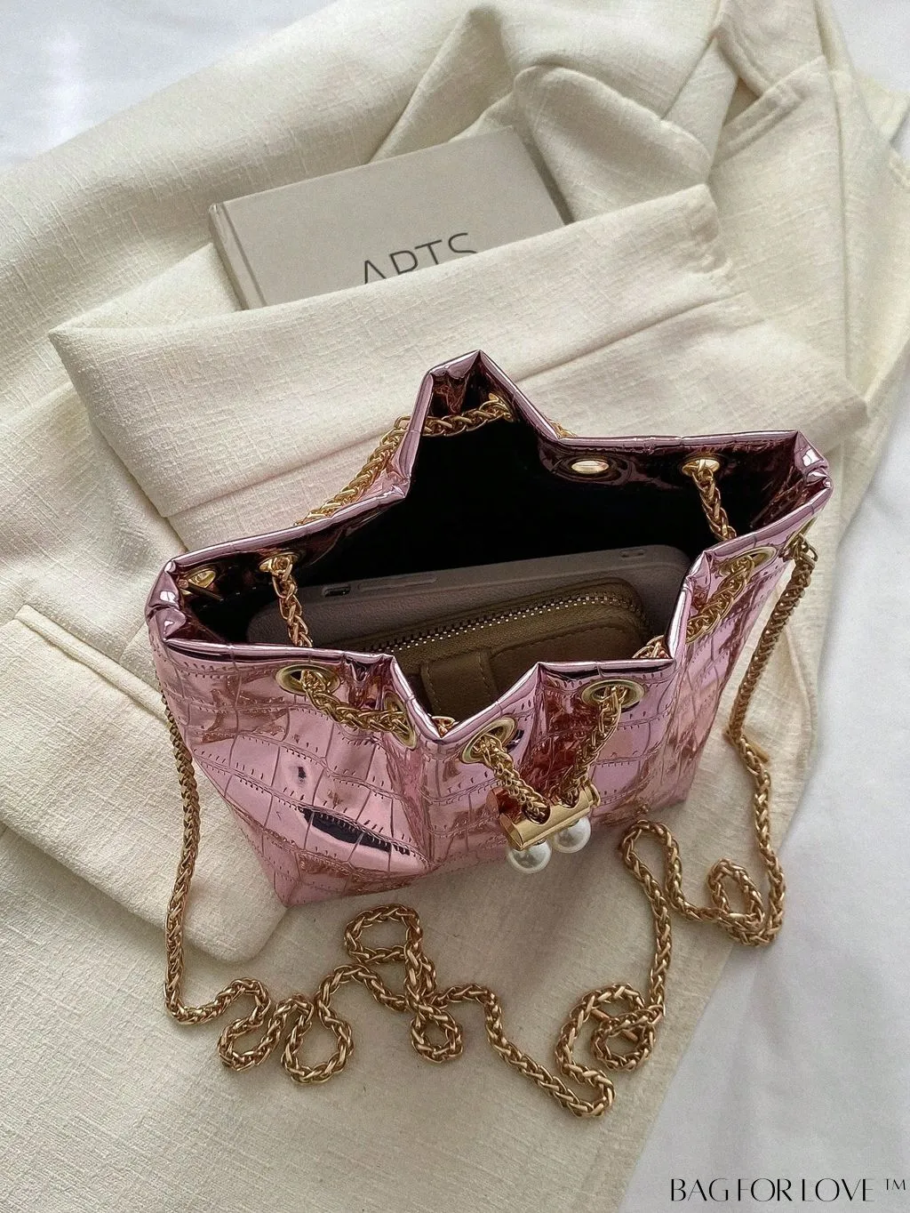 BagForLove - Compact Crocodile Embossed Metallic Drawstring Bucket Bag - Edgy & Chic