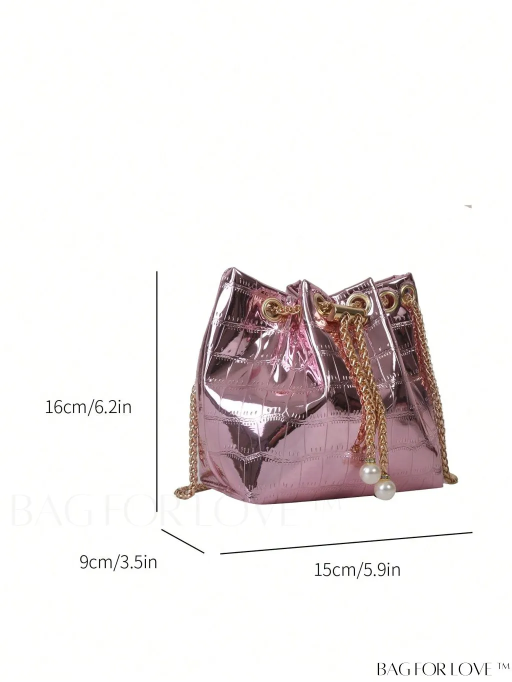 BagForLove - Compact Crocodile Embossed Metallic Drawstring Bucket Bag - Edgy & Chic