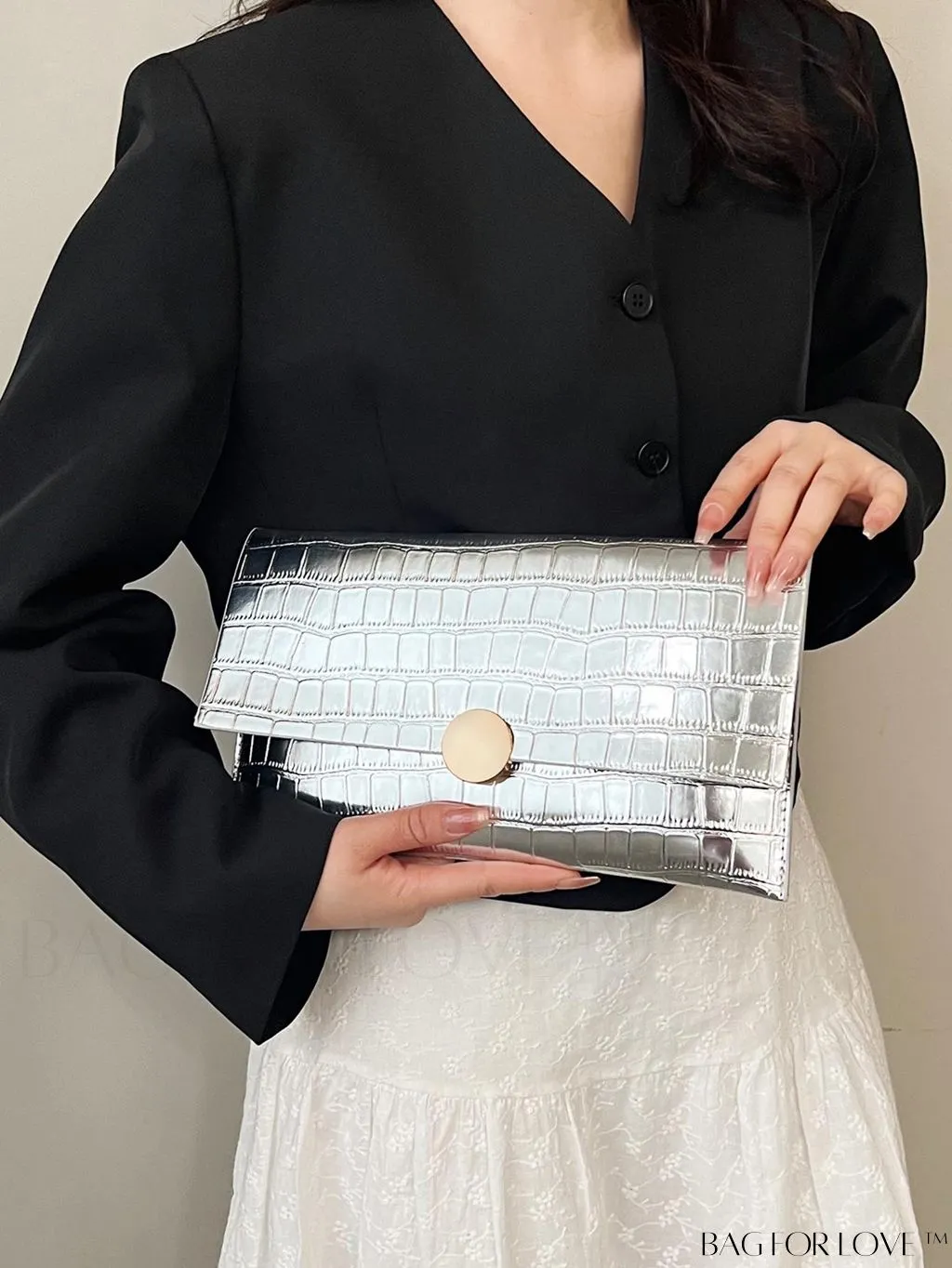 BagForLove - Metallic PU Crocodile Embossed Envelope Bag - Chic and Edgy