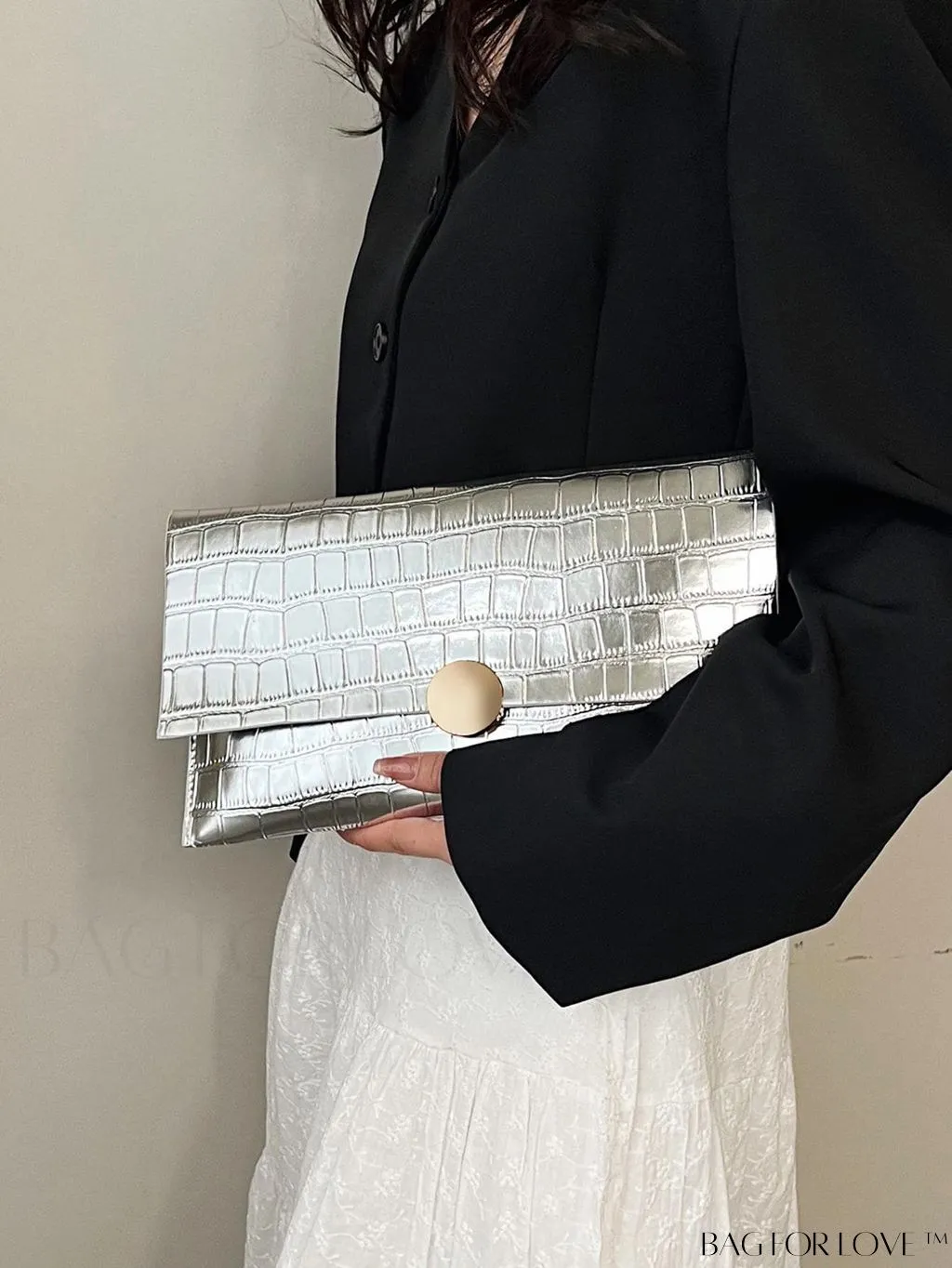 BagForLove - Metallic PU Crocodile Embossed Envelope Bag - Chic and Edgy