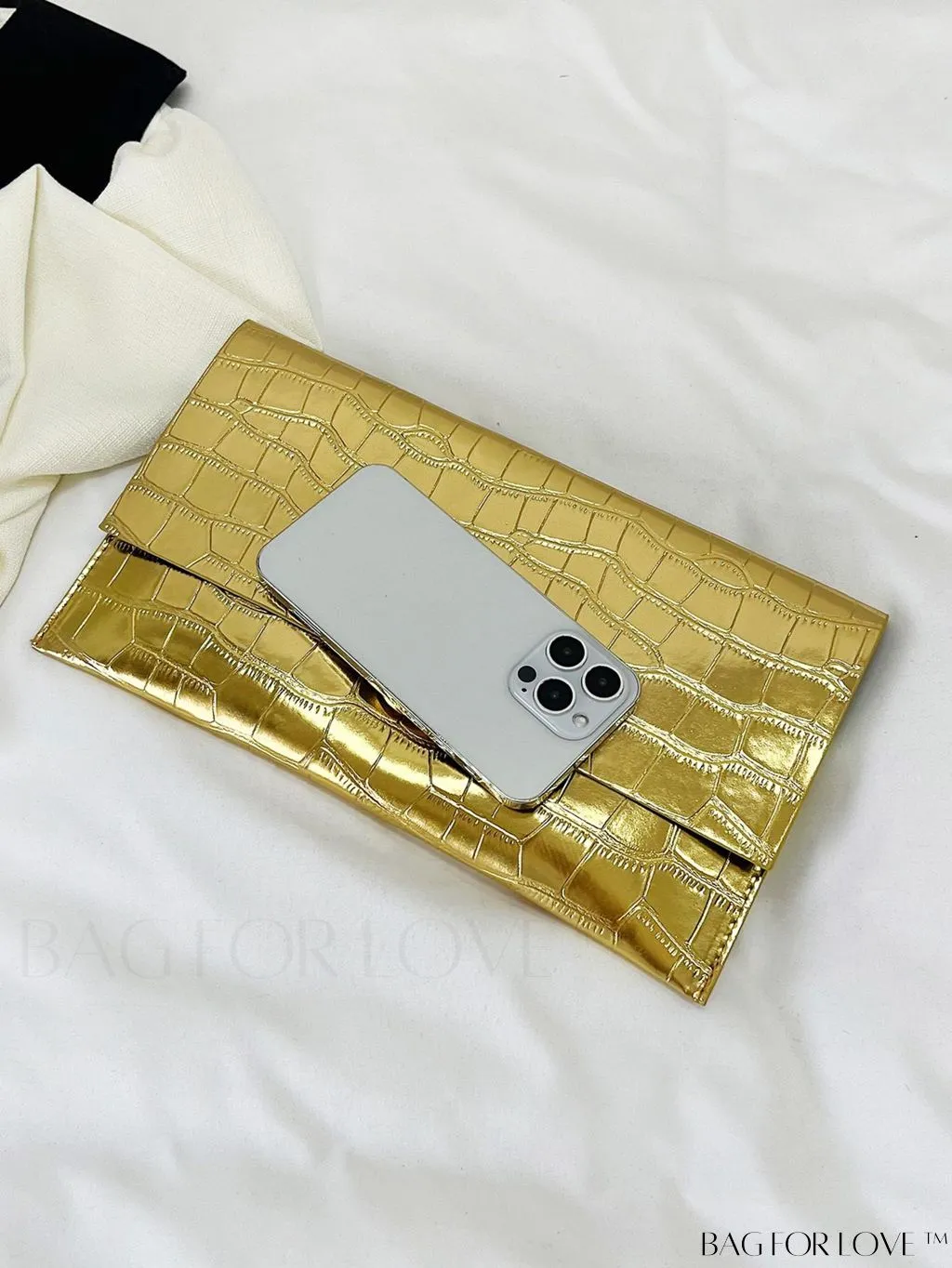 BagForLove - Metallic PU Crocodile Embossed Envelope Bag - Chic and Edgy