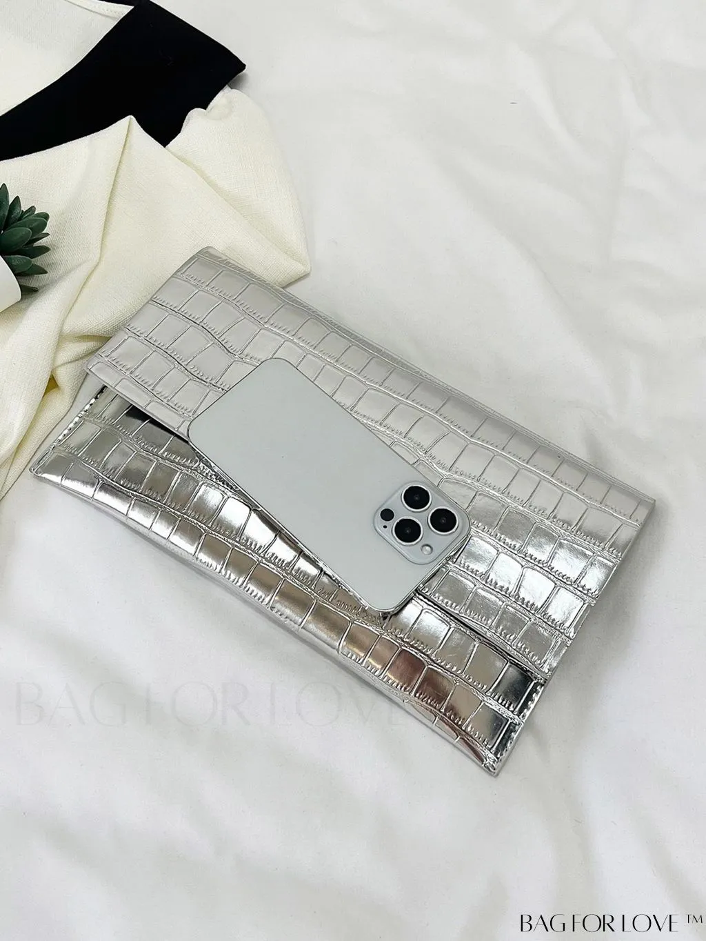BagForLove - Metallic PU Crocodile Embossed Envelope Bag - Chic and Edgy