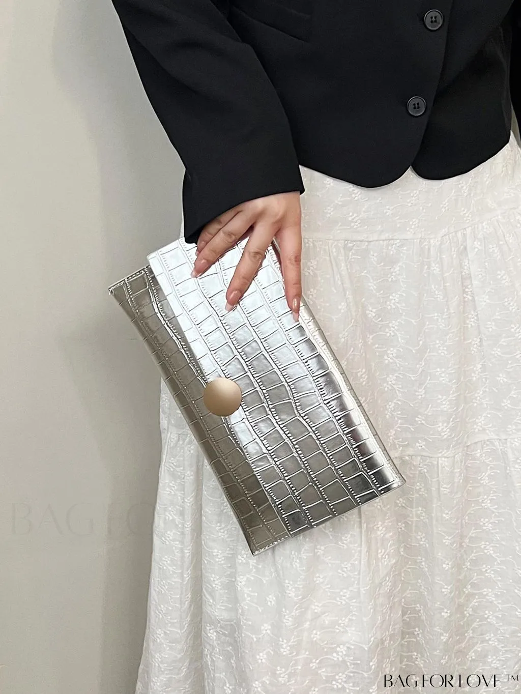 BagForLove - Metallic PU Crocodile Embossed Envelope Bag - Chic and Edgy