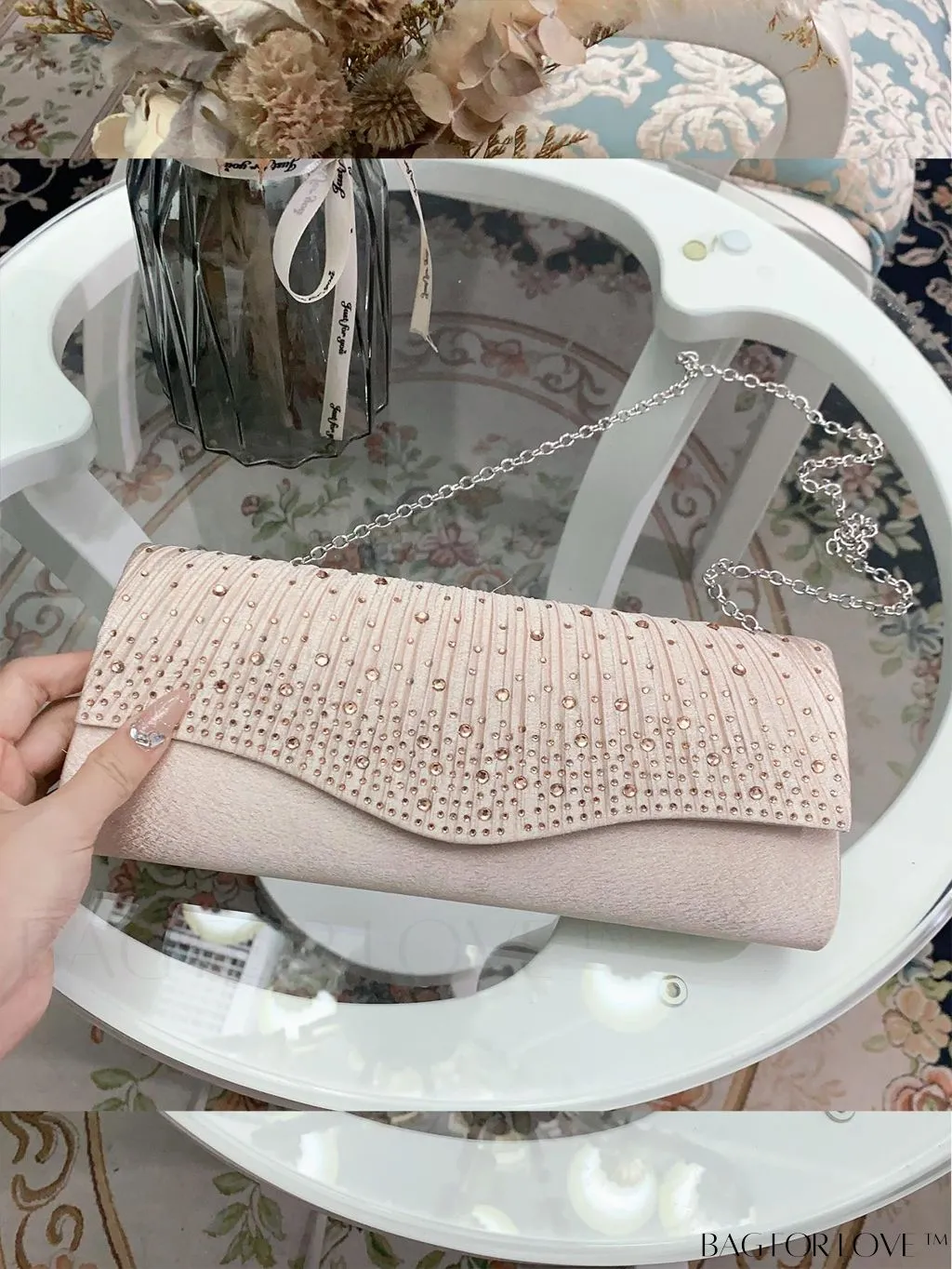 BagForLove - Party-ready Rhinestone Envelope Clutch with Ruched Detail