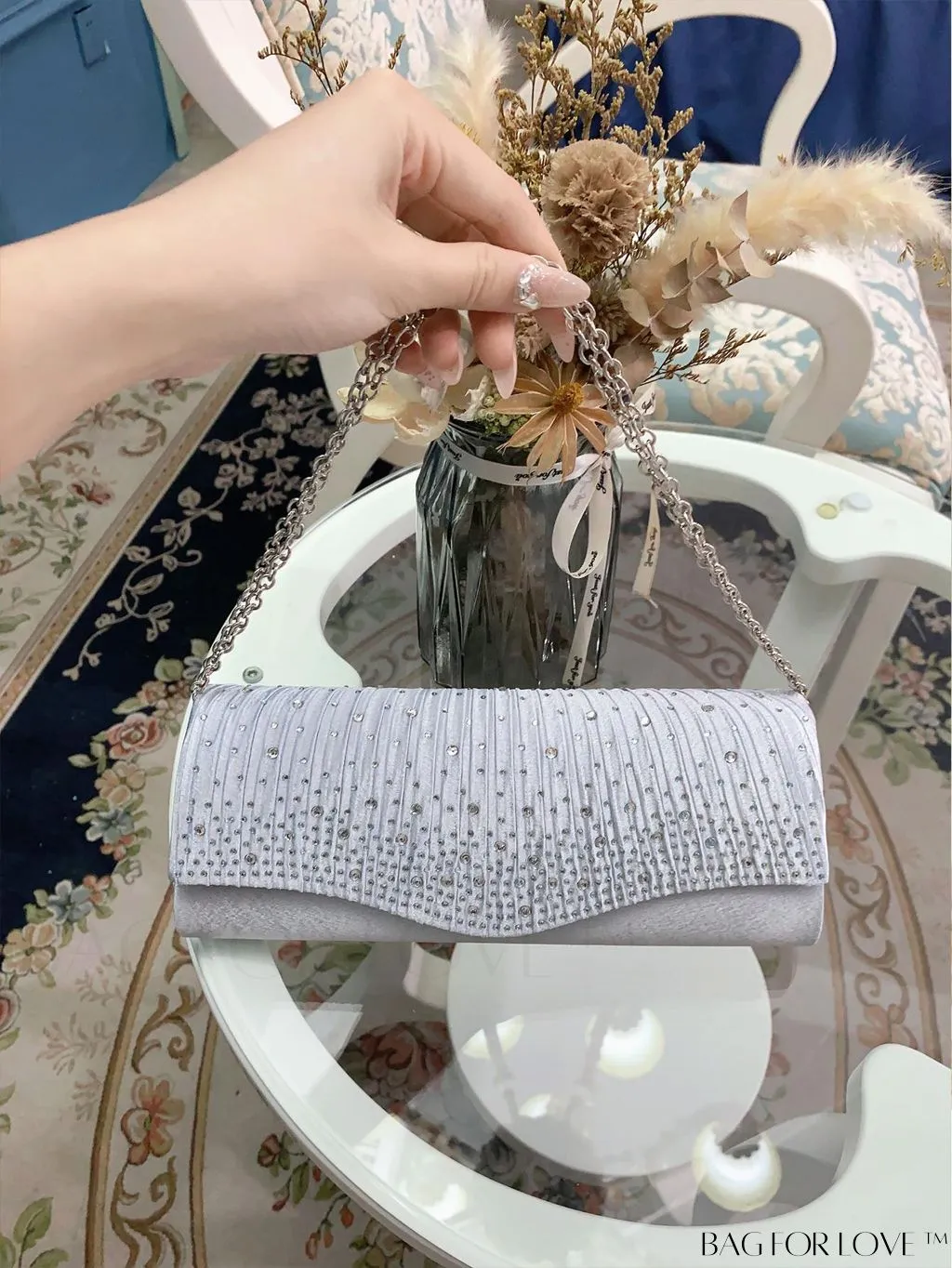 BagForLove - Party-ready Rhinestone Envelope Clutch with Ruched Detail